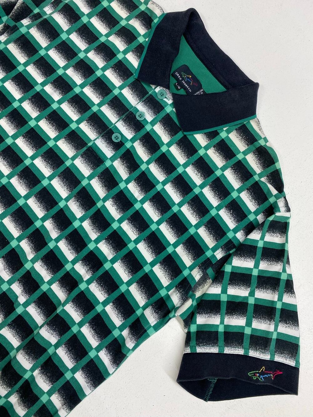 VTG 90s RETRO Men Greg Norman textured stripe cotton graphic polo golf shirt